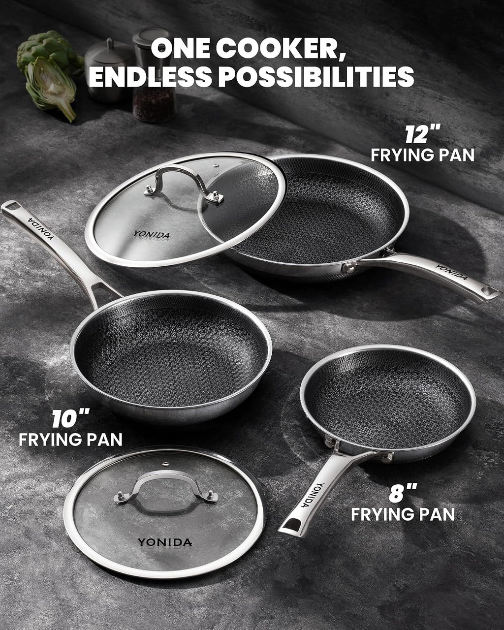 Non Stick Frying Pans, 12 inch Hybrid Fajita Pans with Lid – close-up