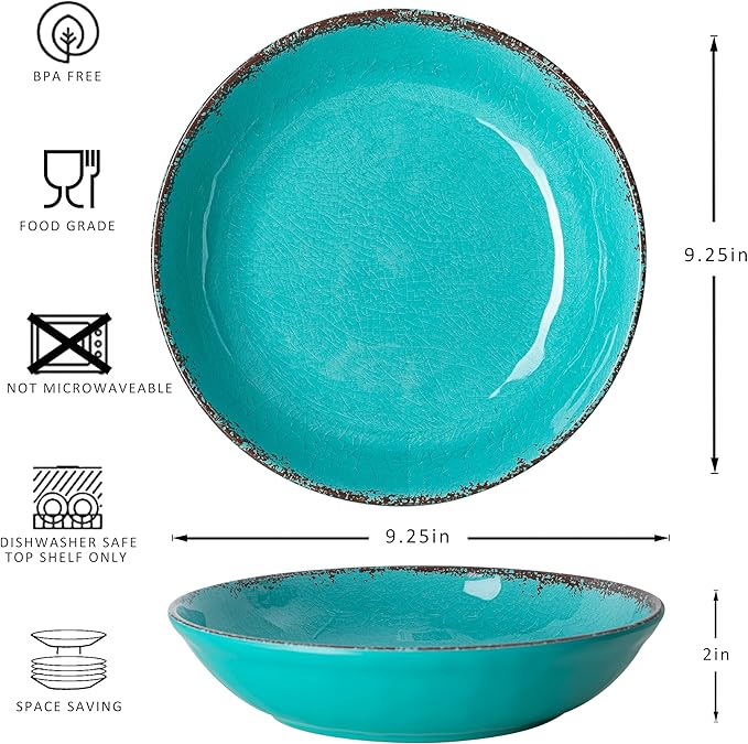 Pasta Bowls, 9.25 Inch Melamine Set of 6 in Rustic Teal