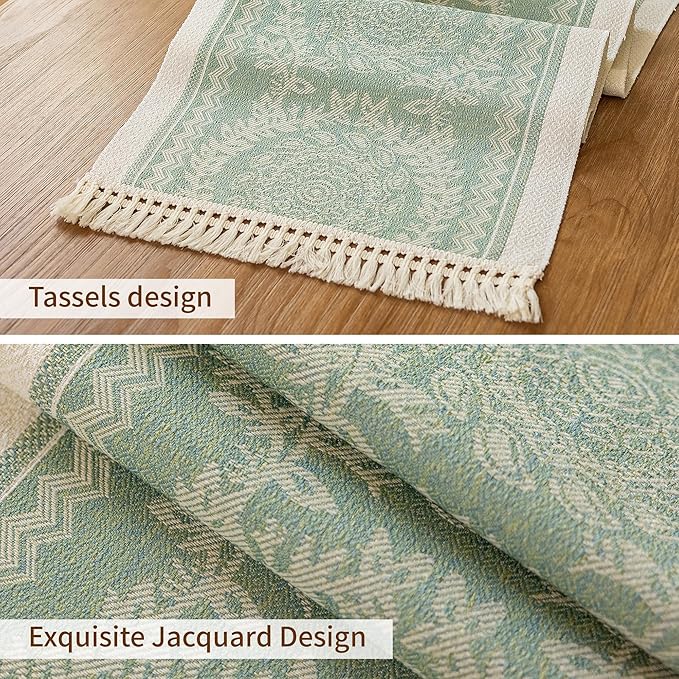 Table Runner, 14 x 107 Inches, Green Polyester Boho Style