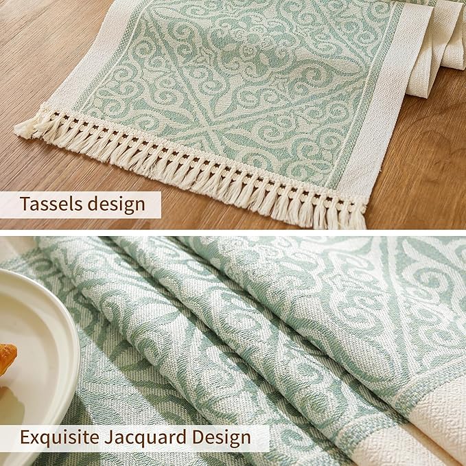 Table Runner, Green Fringed, Polyester, 14 x 107 Inches