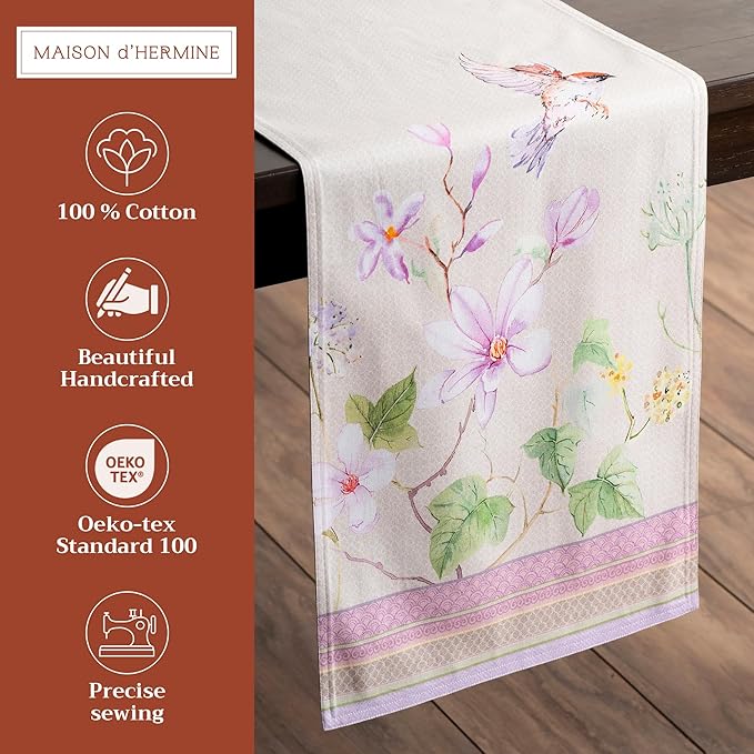 Table Runner, 100% Cotton, 14.5 x 72 Inch Double Layer, Magnolia Mornings
