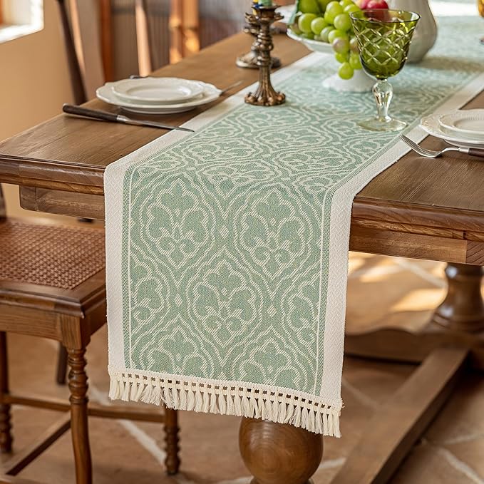 Table Runner 14 x 83 Inch Green Polyester Boho Runner