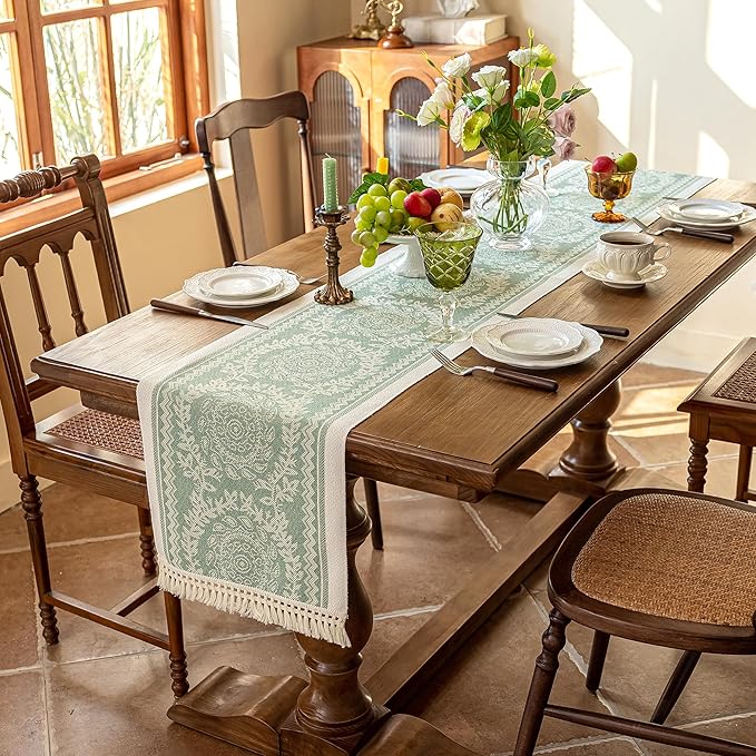 Table Runner 14 x 83 Inches, Green Boho Polyester Fringed Runner