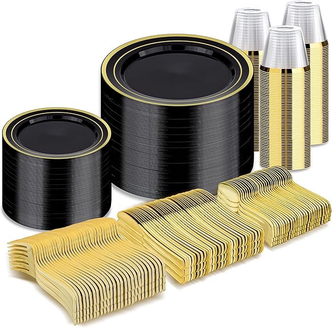 Disposable Plates Set, Black with Gold Rim, 600 Pieces for 100 Guests