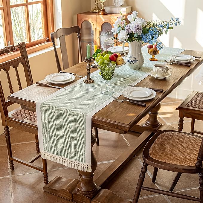 Table Runner, 14x119 Inch Green Boho Polyester Runner