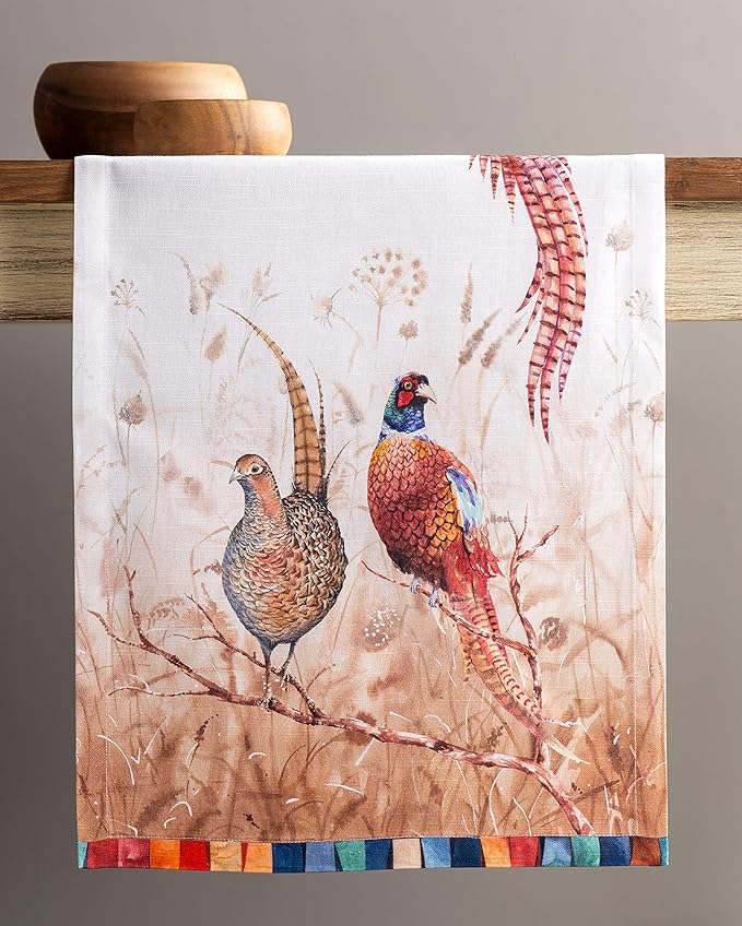 Cotton Table Runner 14.5 x 90 Inch, Faisan D'Automne Watercolor Design