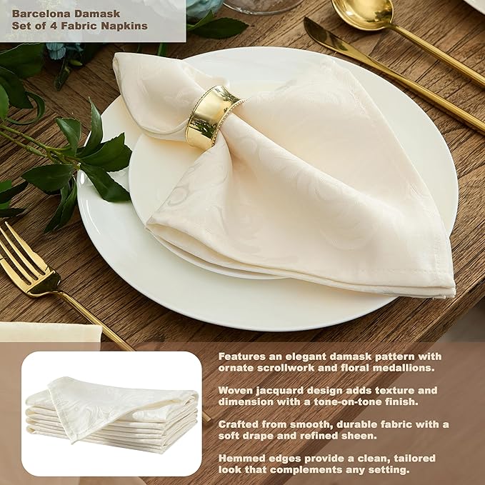 Newbridge Barcelona Luxury Damask Fabric Tablecloth, 60” Wide x 84” Rectangle, Antique White, 100% Polyester, No Iron, Soil Resistant Dining Room, Party and Banquet Table Cover