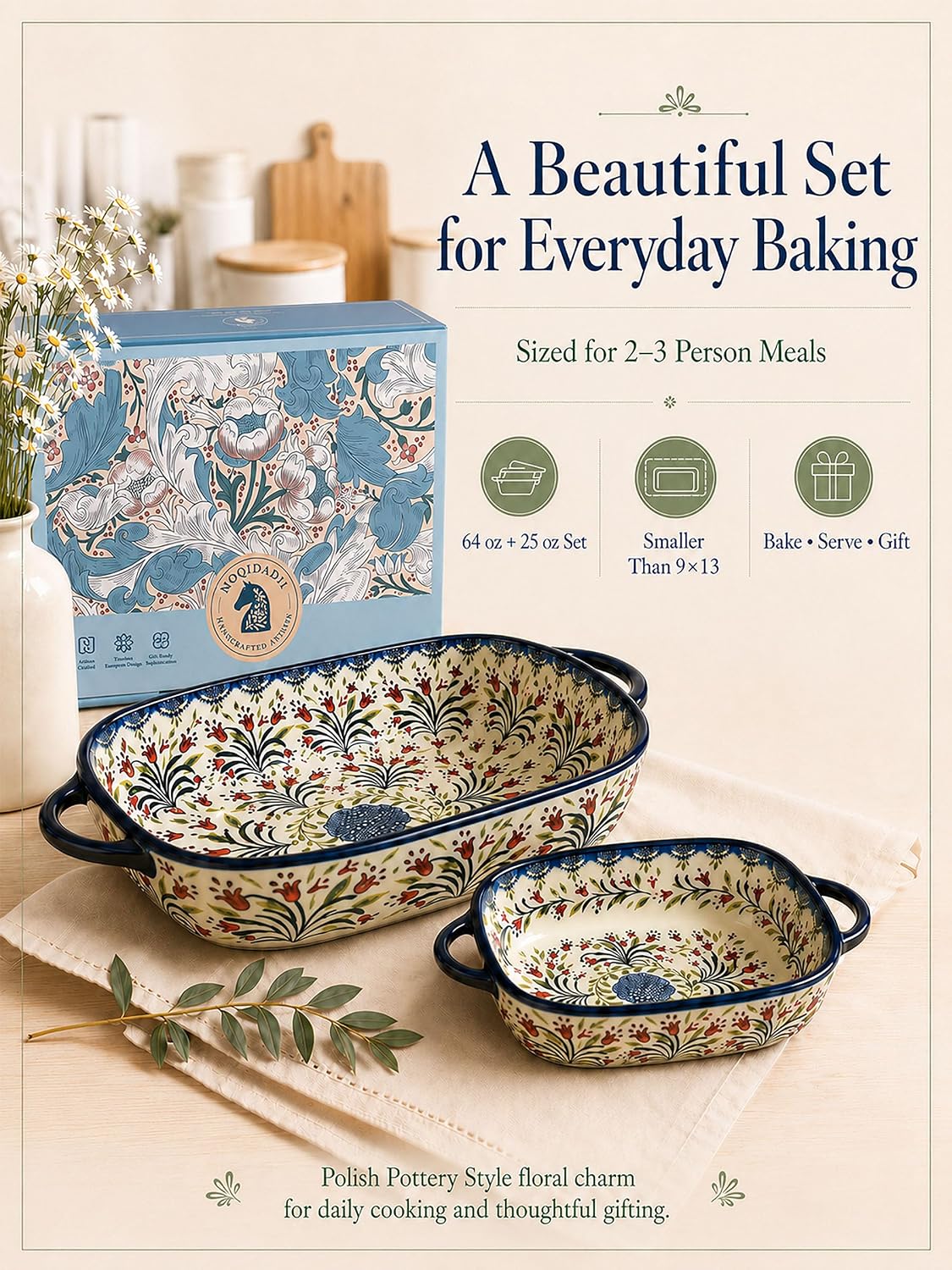 Ceramic Bakers Set, Two Rectangular Dishes 64 oz and 25 oz, Olive Garland