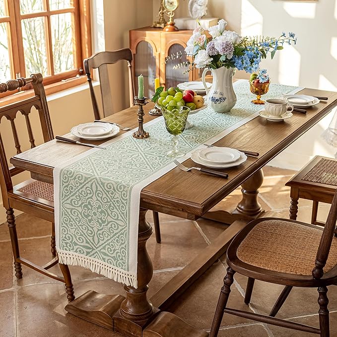 Table Runner, Green Fringed, Polyester, 14 x 107 Inches
