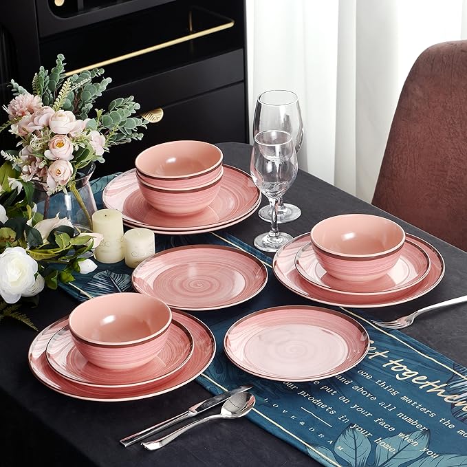 Melamine Dinnerware Set, 12 Piece Pink Round Plates and Bowls for 4