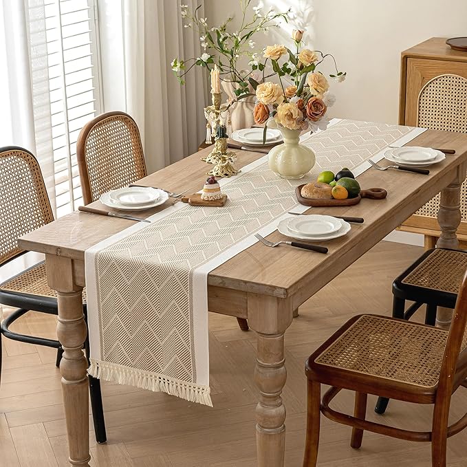Table Runner, 14 x 72 Inch Coffee Boho Polyester with Fringe