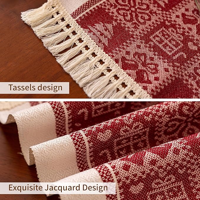 Table Runner in Red Polyester, 14 x 107 Inches, Fringed Edges