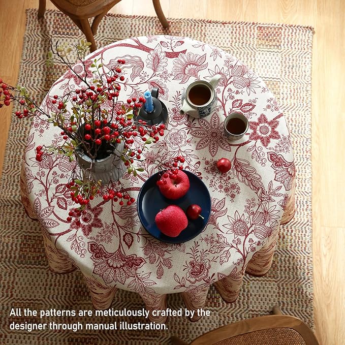 Round Tablecloth, 67 Inch Linen-Polyester Blend, Red Floral