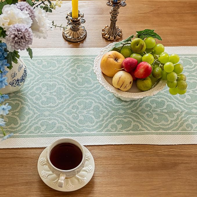 Table Runner 14x95 Inches, Green Polyester Boho Style