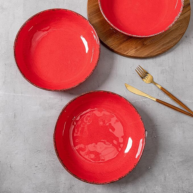 Pasta Bowls Set of 6, 9.25-Inch Melamine, Rustic Red Farmhouse Style