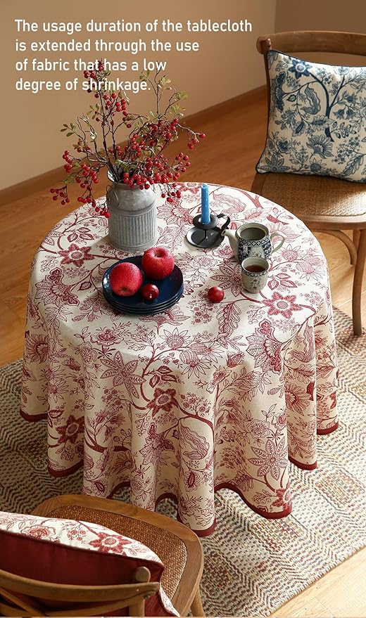 Round Tablecloth, 67 Inch Linen-Polyester Blend, Red Floral