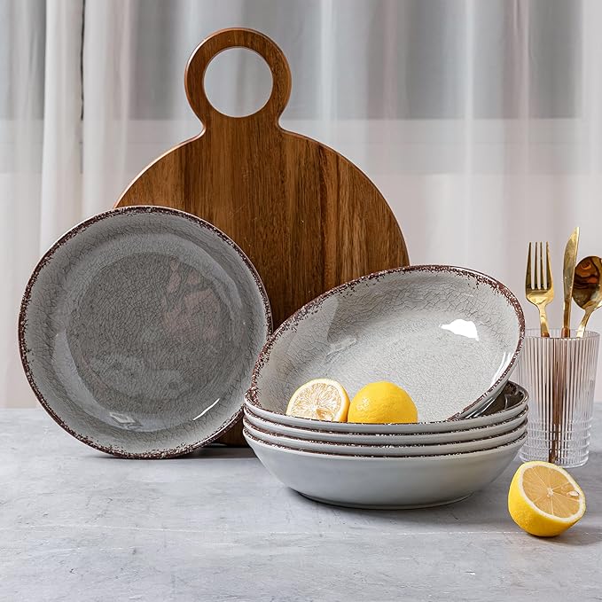 Pasta Bowls, 9.25 Inch Melamine Farmhouse Set of 6 in Rustic Gray