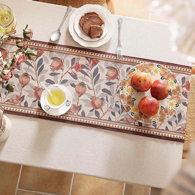 Table Runner, 12 x 87 Inch Floral Pomegranate Linen-Polyester Blend