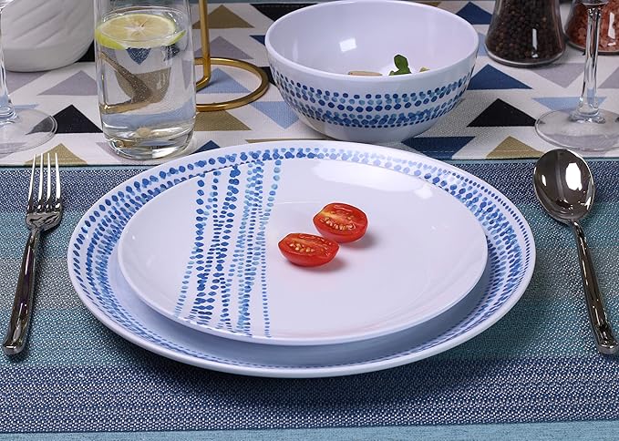 Melamine Dinnerware Set for 4, 12-Piece Blue Raindrop Plates and Bowls
