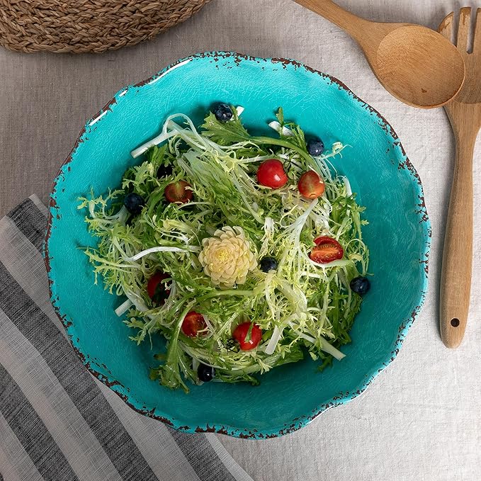 Serving Bowls Set of 2, Teal Melamine, 12-Inch Farmhouse Salad Bowls