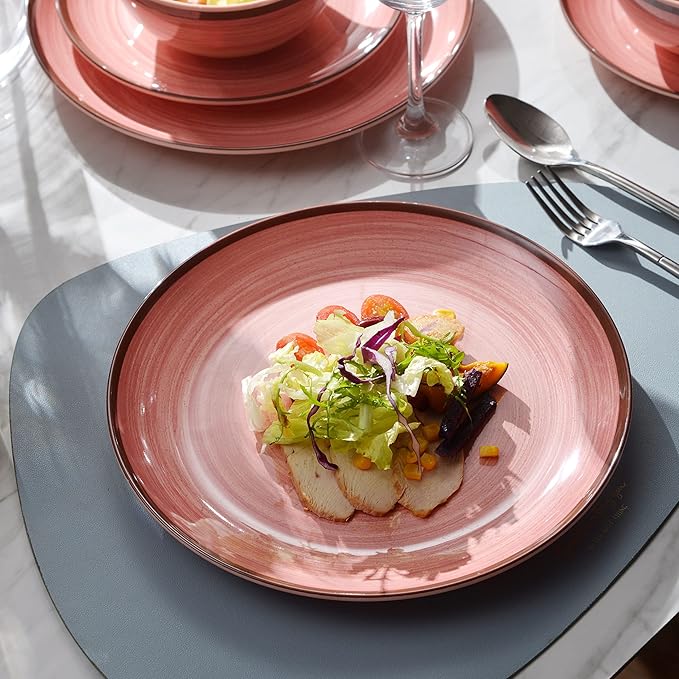 Melamine Dinnerware Set, 12 Piece Pink Round Plates and Bowls for 4