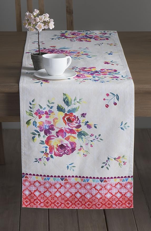Table Runner, 100% Cotton, 14.5 x 72 Inch Double Layer, Rose Garden