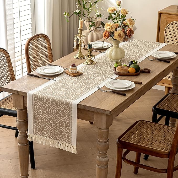 Coffee Polyester Table Runner, 14 x 95 Inch Geometric Fringed Design