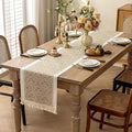 Coffee Polyester Table Runner, 14 x 95 Inch Geometric Fringed Design