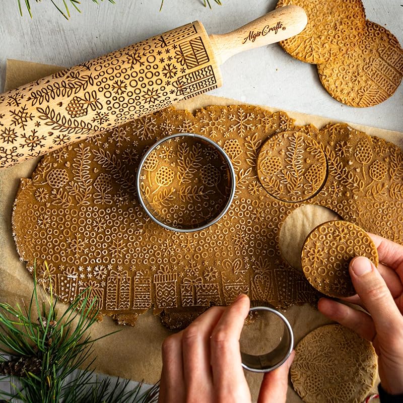 GOLDEN DAISIES Embossing Rolling Pin with Ornamental Bloom Pattern – Dough and Clay Roller for Embossed Cookies and Pottery - Cookie and Ceramic Stamp - Baking Gifts for Women by Algis Crafts