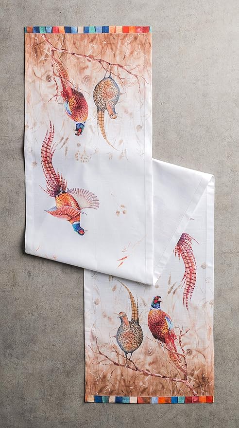 Cotton Table Runner 14.5 x 90 Inch, Faisan D'Automne Watercolor Design