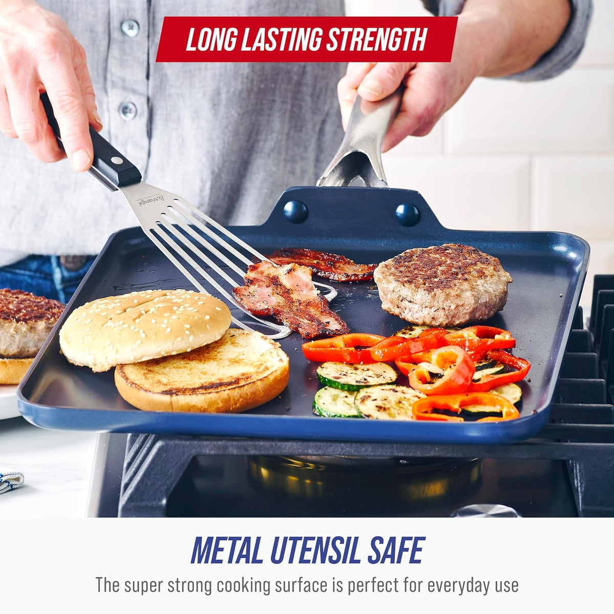 11" Diamond Infused Ceramic Nonstick Square Griddle Pan, Blue – features