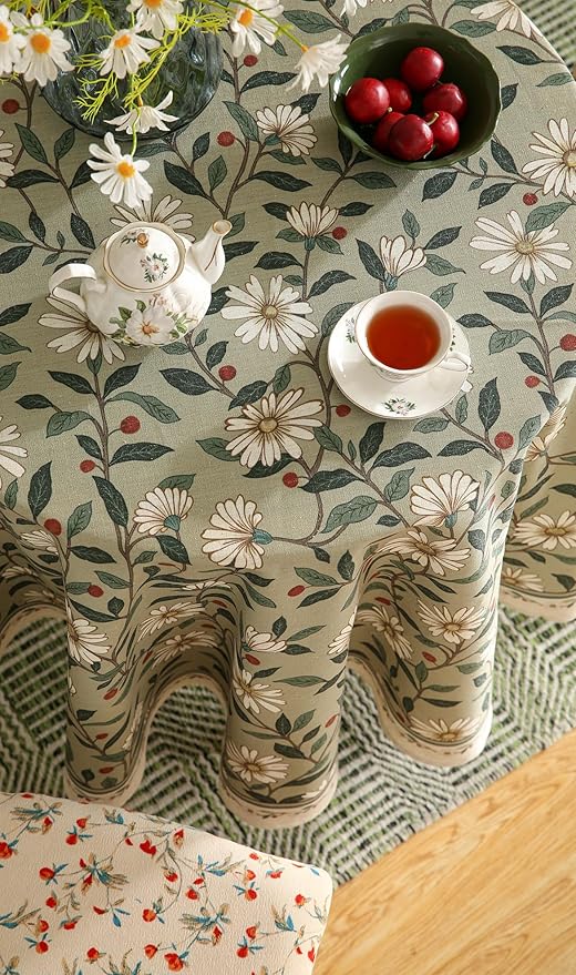 Round Tablecloth 67 Inch Linen-Blend Floral Design for Dining Tables
