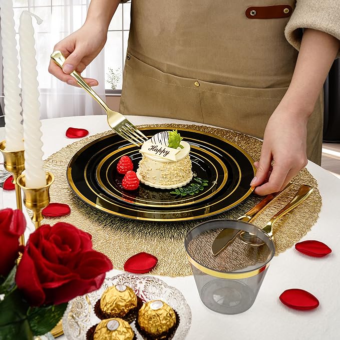 Plates: Black and Gold Disposable Set, 350 Pieces for 50 Guests