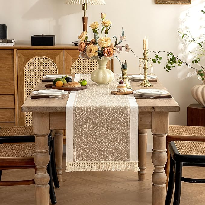 Coffee Polyester Table Runner, 14 x 95 Inch Geometric Fringed Design