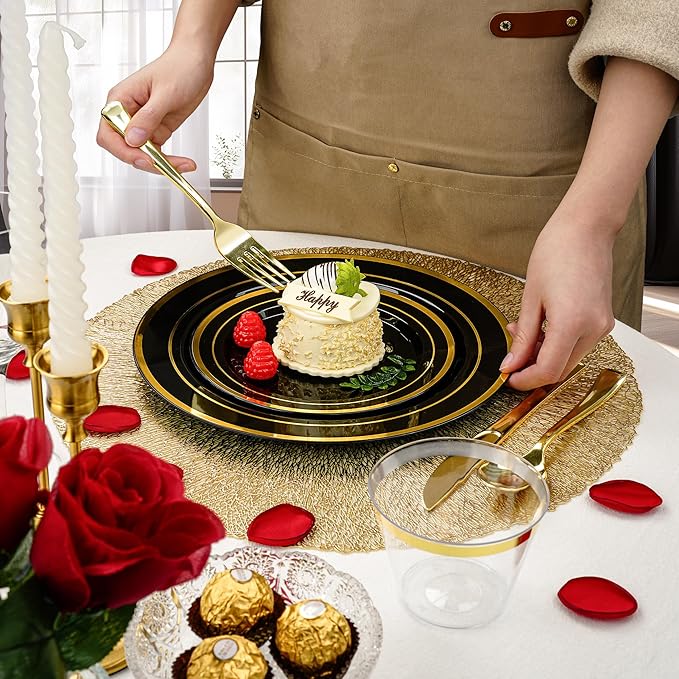 Disposable Plates Set, Black with Gold Rim, 600 Pieces for 100 Guests