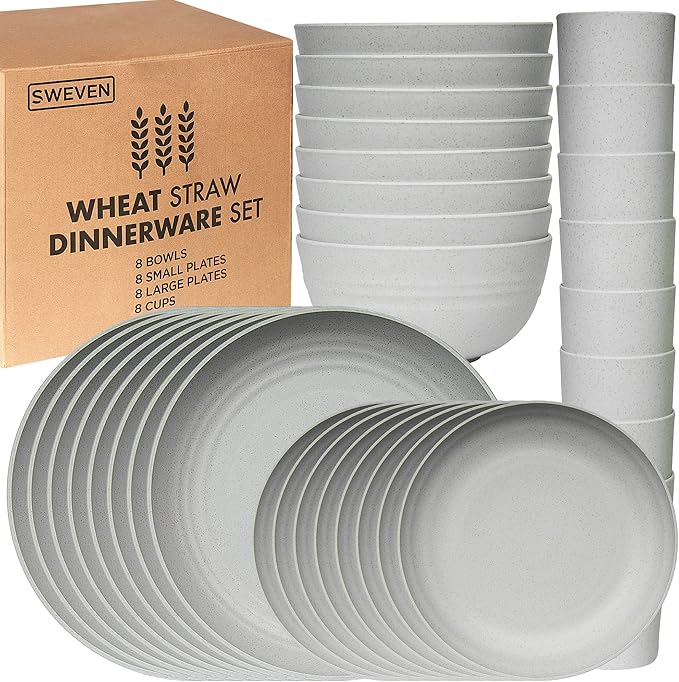 Wheat Straw Dinnerware Set for 8, Gray Round Unbreakable Dishes