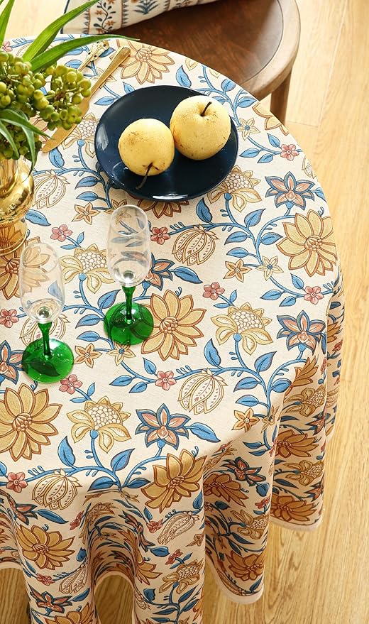 Round Tablecloth, 55 Inch Floral Linen-Blend, Wrinkle-Resistant