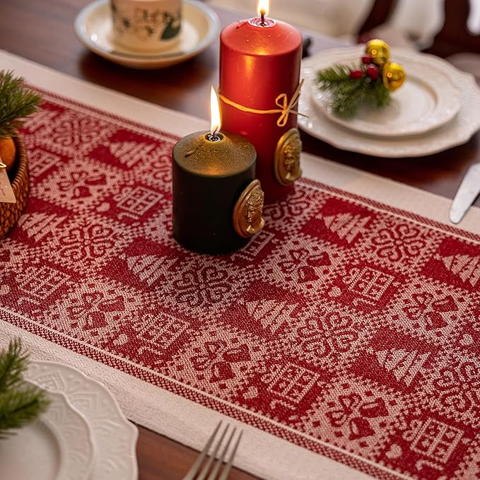 Table Runner in Red Polyester, 14 x 107 Inches, Fringed Edges