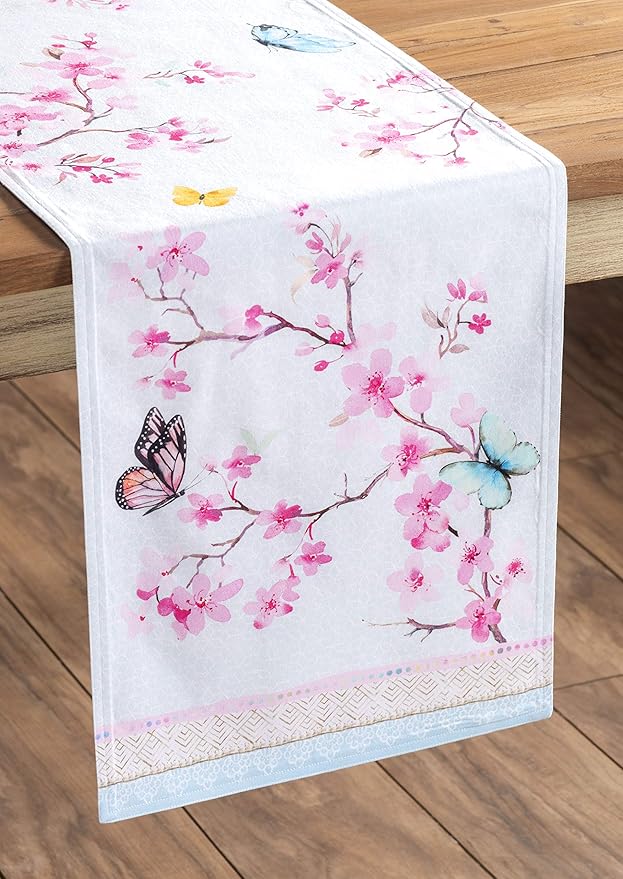 Table Runner, Cotton Double Layer, 14.5 x 108 Inches, Blossoms in Spring