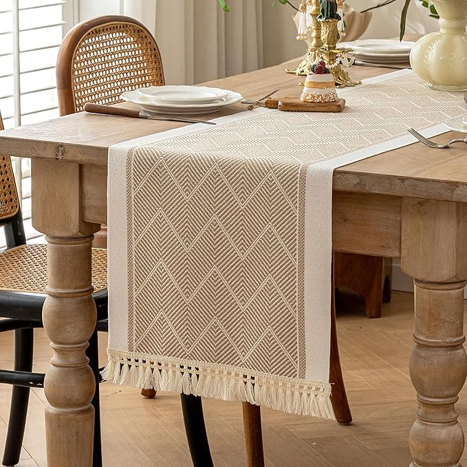 Table Runner 14 x 138 Inch Coffee Boho Polyester with Fringe