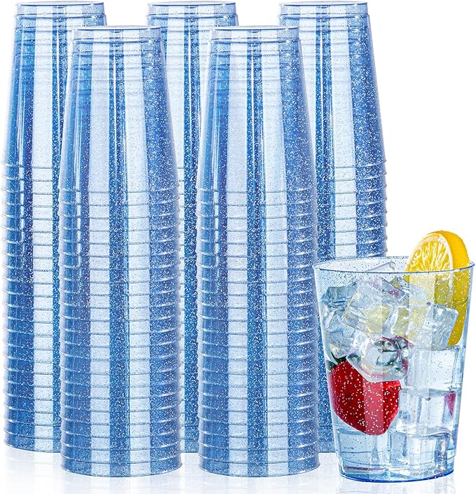 Disposable Party Cups, 10 oz Blue Glitter Plastic, Pack of 100