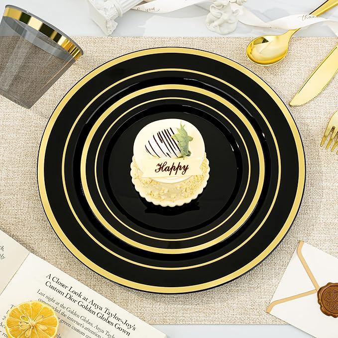 Plates: Black and Gold Disposable Set, 350 Pieces for 50 Guests