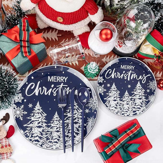 Plates Set, 150 Pieces, Blue Christmas Dinnerware with Snow Forest Design