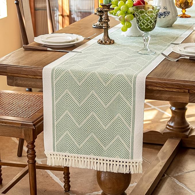 Table Runner 14 x 83 Inch Green Polyester Boho with Fringe Trim