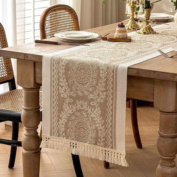 Table Runner, Coffee Boho Polyester, 14 x 138 Inches