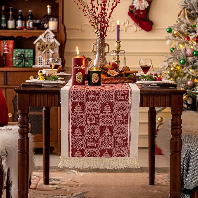 Polyester Table Runner 14 x 72 Inch, Boho Fringed Design for Dining Tables