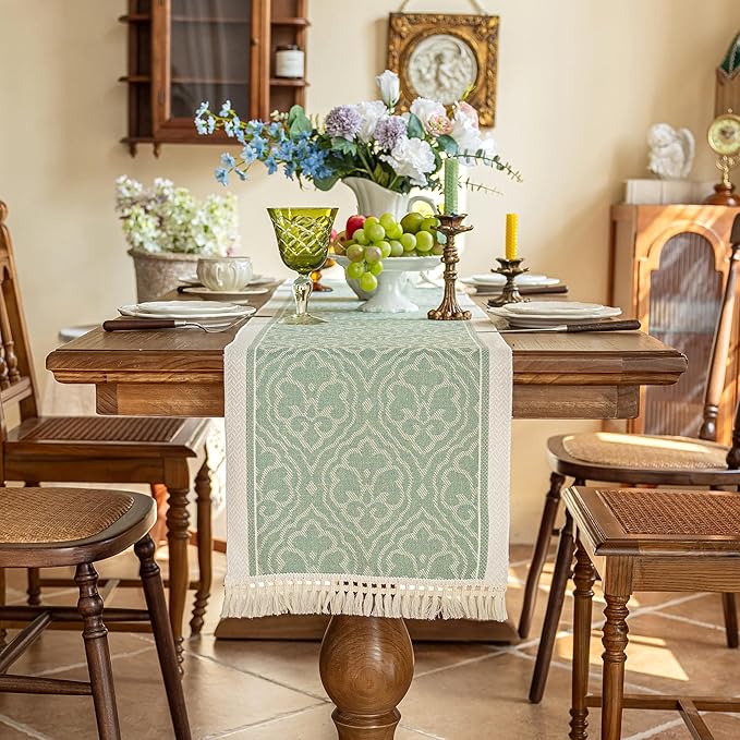 Boho Table Runner, 14 x 72 Inch, Green Polyester with Fringe Trim