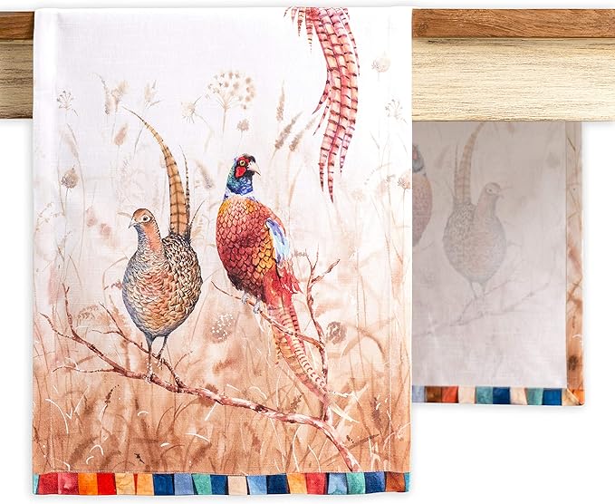 Cotton Table Runner 14.5 x 90 Inch, Faisan D'Automne Watercolor Design