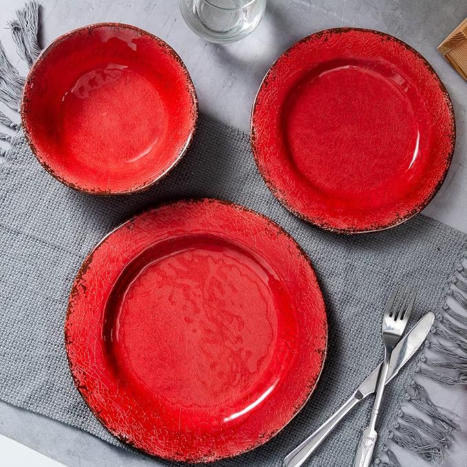 Pasta Bowls Set of 6, 9.25-Inch Melamine, Rustic Red Farmhouse Style
