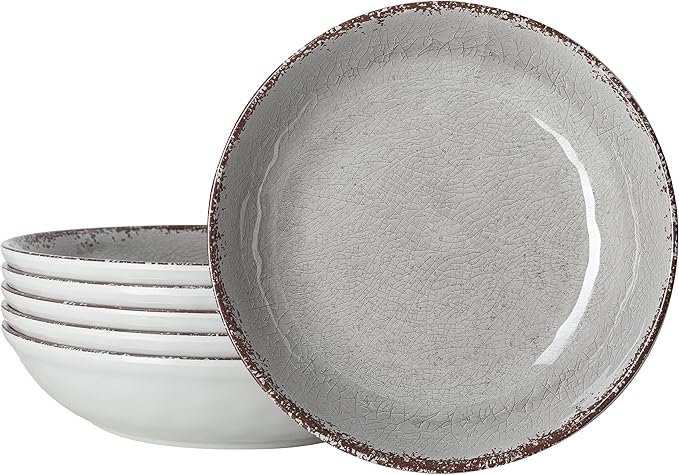 Pasta Bowls, 9.25 Inch Melamine Farmhouse Set of 6 in Rustic Gray